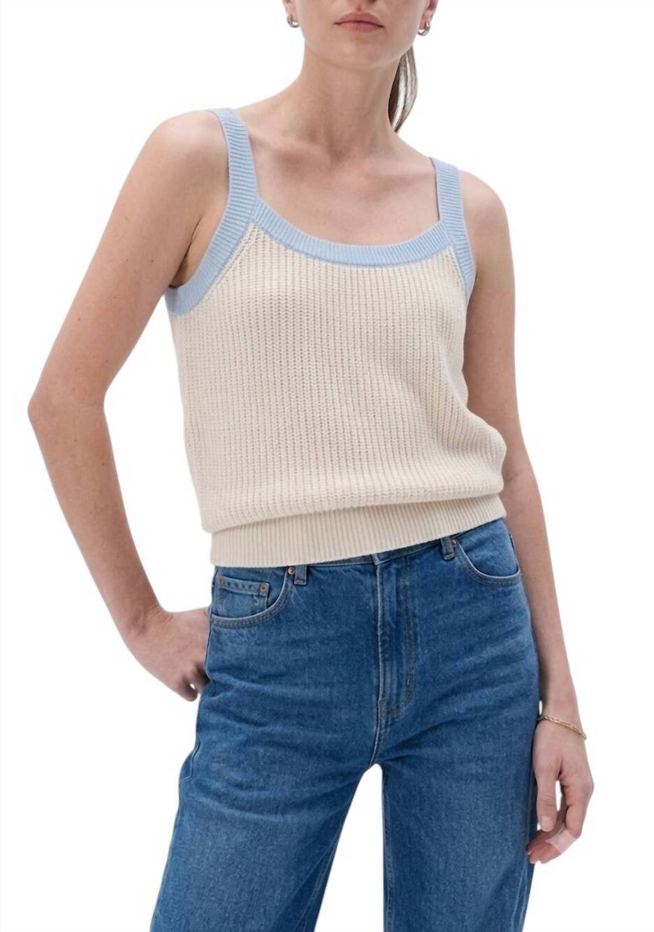 NEW WHITE + WARREN cotton boucle square neck tank top in ivory/blue jasmine